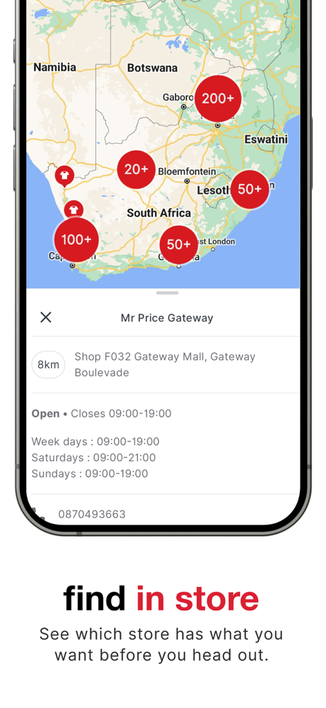 Mr Price App - Localizador de tiendas de la App Mr Price mostrando un mapa de Sudáfrica y detalles de las tiendas