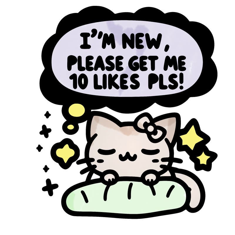kitty taking a nap dream talking and saying "i'm new, please get me at least 10 likes pls!!"