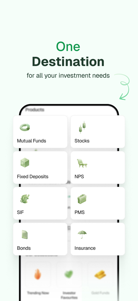 FundsIndia app dashboard displaying investment categories like mutual funds, stocks, and NPS.