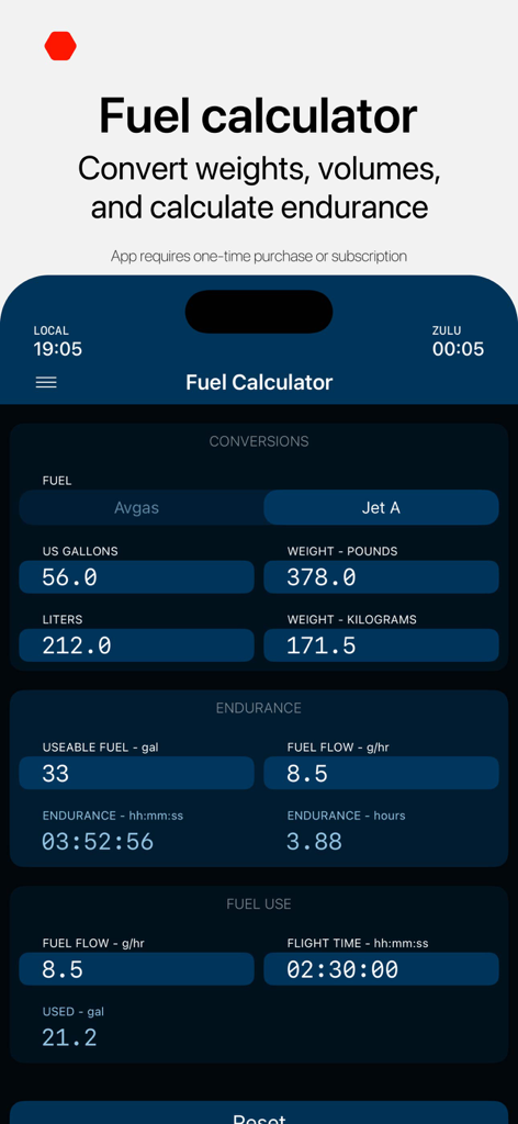 E6B Aviation Calculator - FLT9 - Aviation fuel calculator screen for weight and endurance calculations
