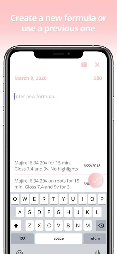 Gloss: Save Formulas & Clients - Interface of the Gloss app showing a new hair color formula entry field with historical formula records for a client