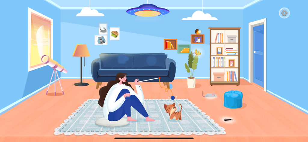 Uma ilustração de uma mulher sentada em um tapete brincando com seu gatinho em uma sala de estar iluminada.