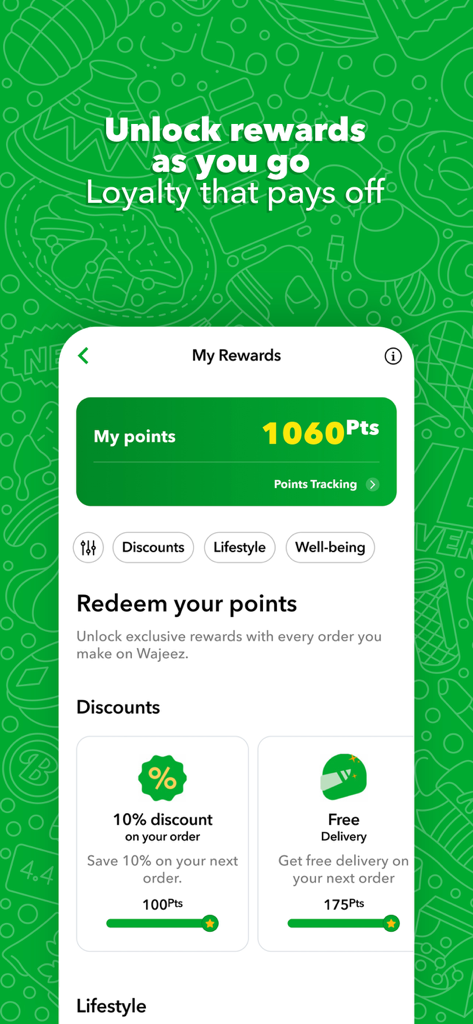 Mobile app interface showing Wajeez loyalty points and redeemable rewards like discounts and free delivery.