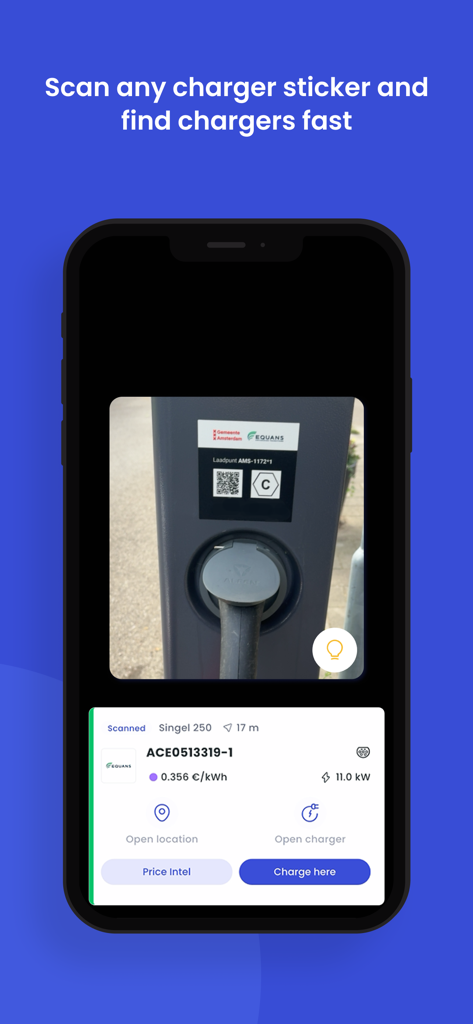 Tap Electric: EV charging - Interface of the Tap Electric app scanning a QR code on an EV charging station to display pricing and charging options