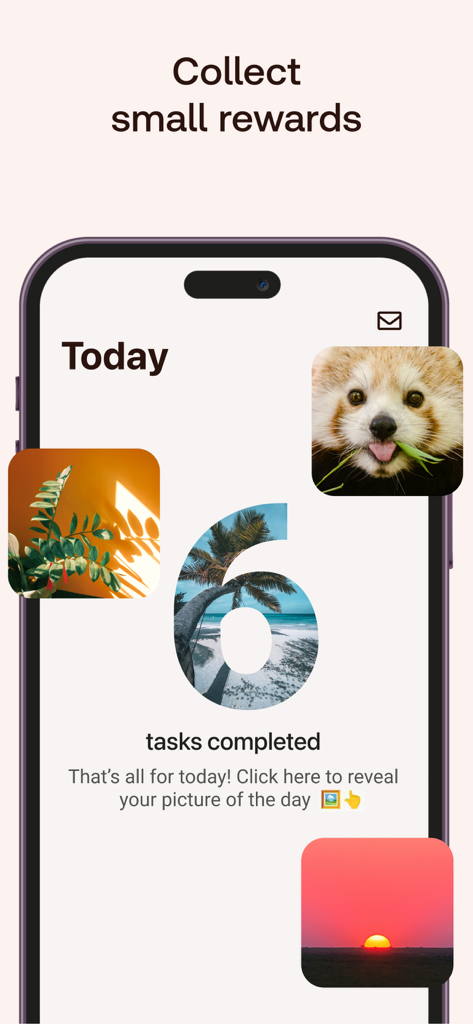 Interface of MyTherapy app showing six completed tasks and daily reward pictures