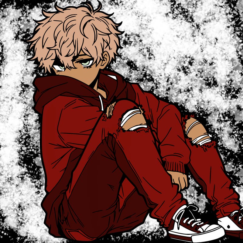 a male hoddie ripped jeans messy hair anime