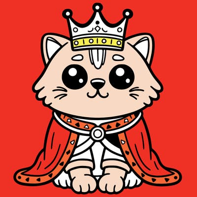 cat wearing a crown and a robe sitting on a throne