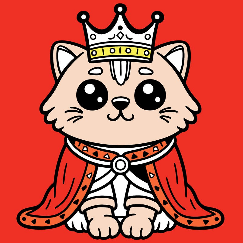 cat wearing a crown and a robe sitting on a throne