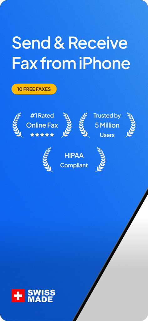 Fax.Plus app interface for sending and receiving faxes on iPhone featuring HIPAA compliance and Swiss made branding