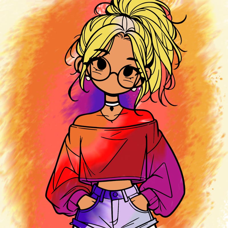 girl with a messy ponytail glasses a baggy crop top and jean shorts