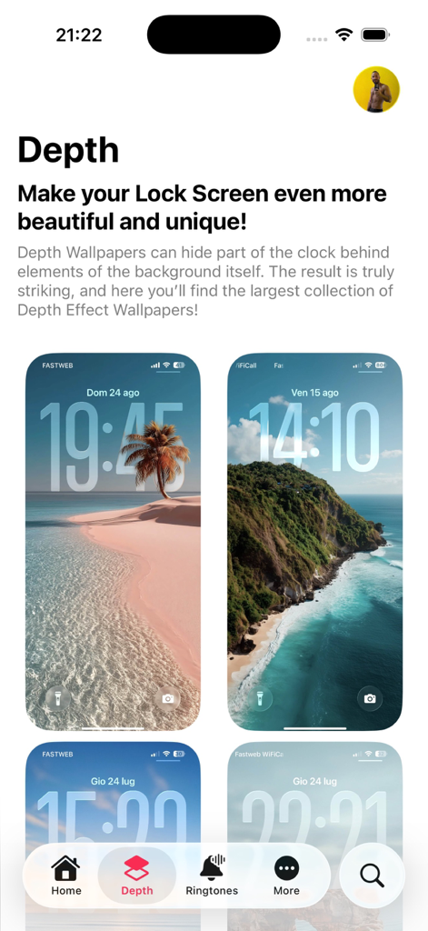 Wallpapers Central 앱 인터페이스로, 아이폰 잠금 화면을 위한 다양한 심도 효과 배경화면이 표시됩니다.