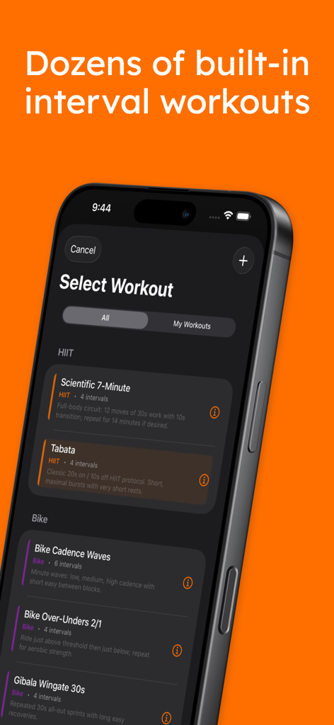 Interval Timer Tabata Workout - Tela de seleção de treinos de intervalo baseados na ciência, incluindo protocolos HIIT e de ciclismo.
