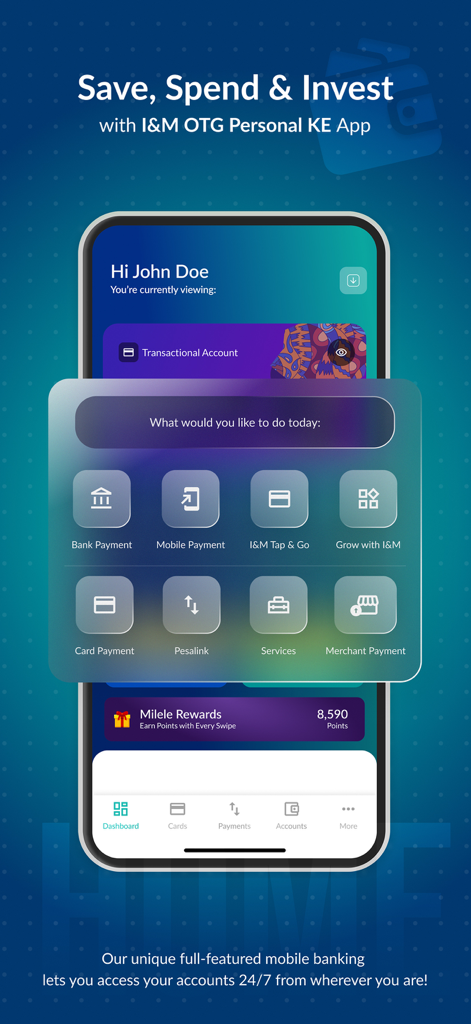 I&M OTG Personal KE - Ein Handybildschirm, der das Dashboard der I&M OTG Personal KE App mit Optionen für Bankzahlungen, mobile Zahlungen und Prämien anzeigt.