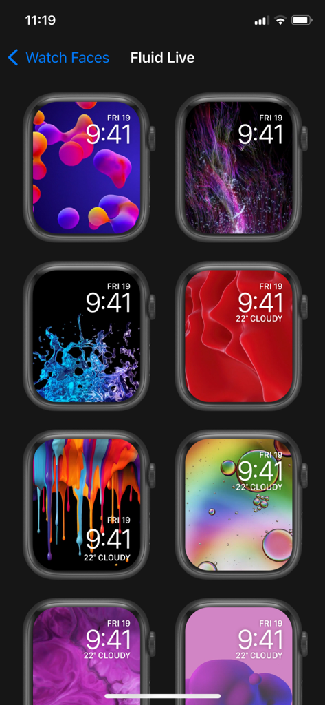 A gallery of colorful and abstract fluid live watch face designs for Apple Watch customization