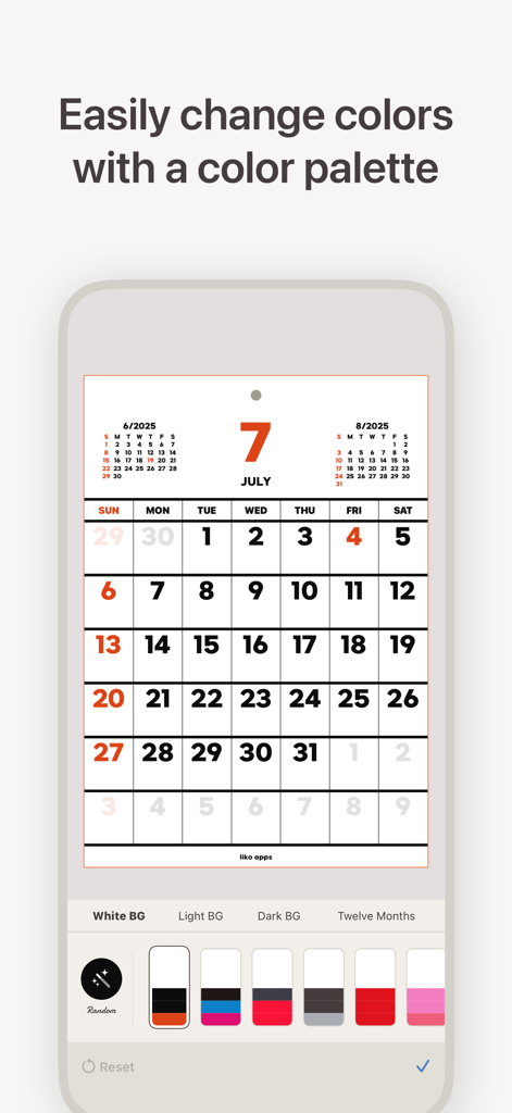 カスタム2025年カレンダーの色選択ツールを示すCalmakerアプリのインターフェース。