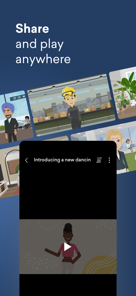 The Vyond mobile app displaying a video player and a gallery of various professional animated scenes.