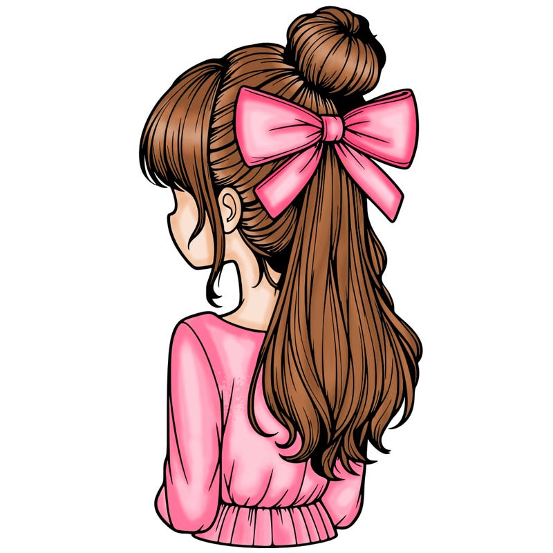 realistic girl  with hip length hair a bun and a big bow on the back of head