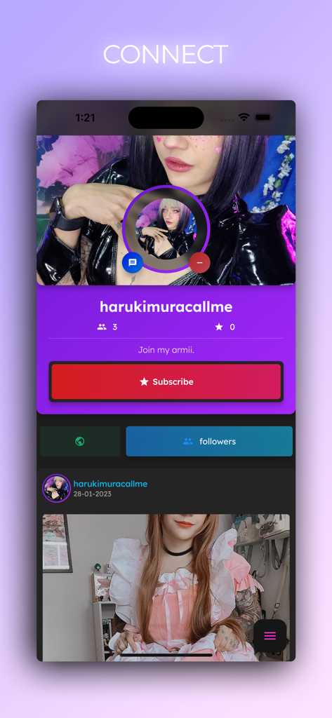 Armii - Armii app creator profile page featuring a cosplayer with a subscribe button