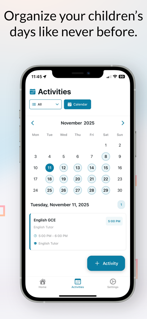 Schoolhub.io - Schoolhub mobile app interface showing a monthly calendar view with scheduled children activities and tutor sessions