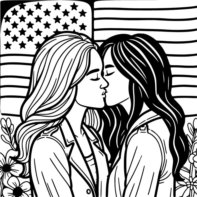 two women kissing in front of the usa flag realistic
