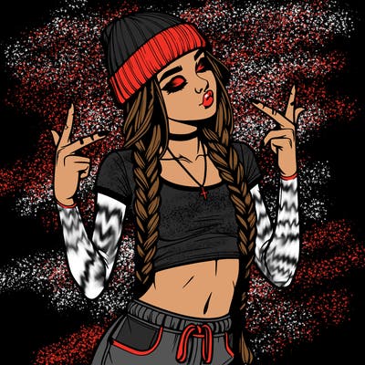 realistic teenage girl with braids and a beanie and crop top doing 🫶🏼
