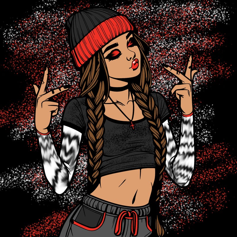 realistic teenage girl with braids and a beanie and crop top doing 🫶🏼