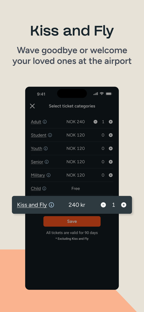 Mobile Benutzeroberfläche der Flytoget-App mit verschiedenen Ticketkategorien, einschließlich Erwachsene und Kiss and Fly, mit ihren Preisen.