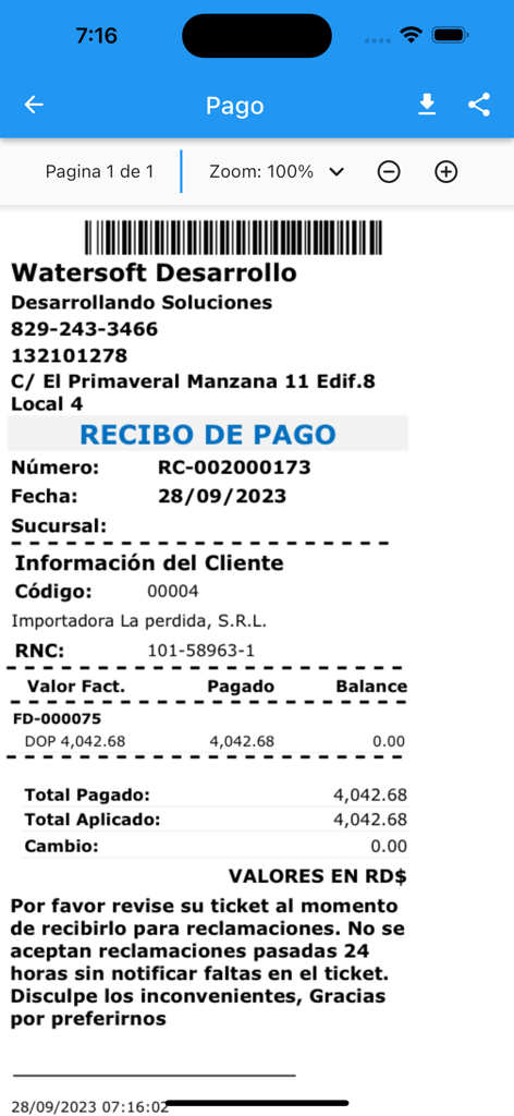 Watersoft Fact App - Digital payment receipt in Spanish on Watersoft Fact App