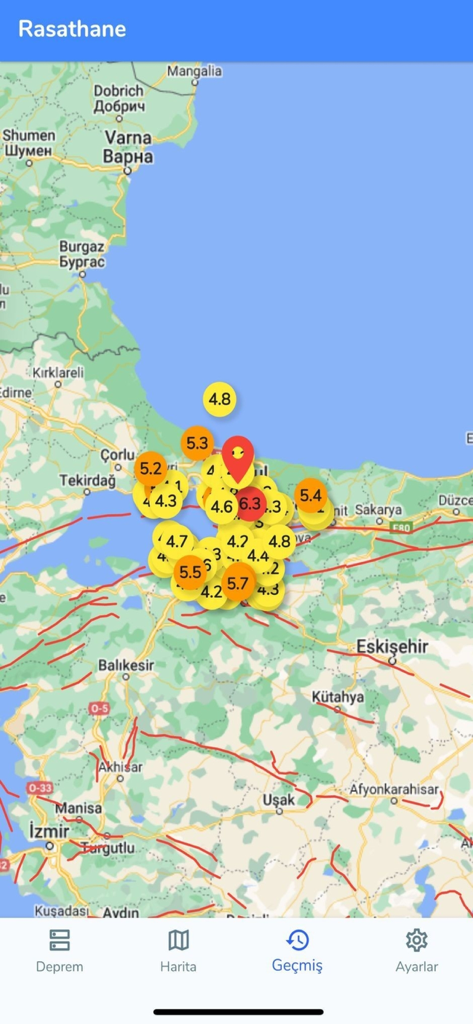 Rasathane - Rasathane app map view showing earthquake magnitudes and fault lines in Turkey