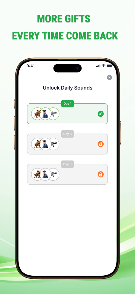 Find Phone By Clap, Whistle - A mobile app screen showing a daily login reward system to unlock new alert sounds like a dog bark or police siren.