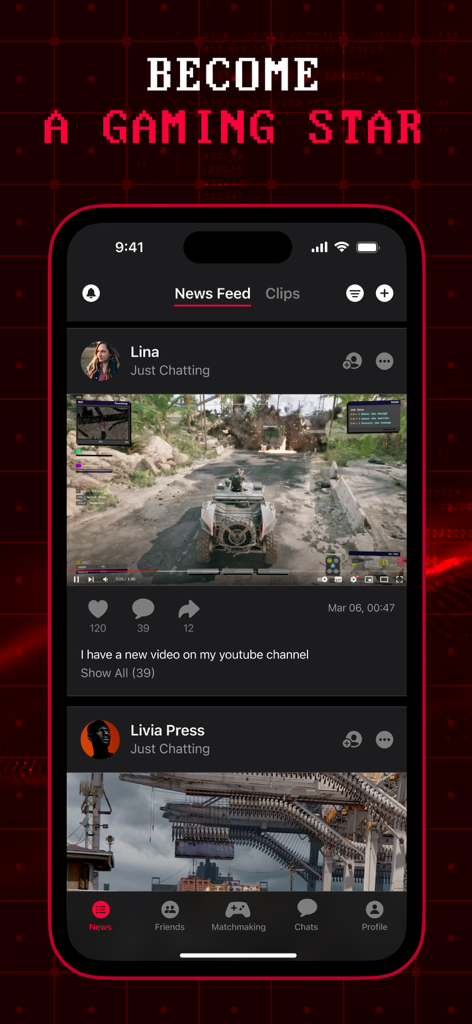Interfaz de la aplicación móvil del feed de noticias de la aplicación complementaria Off The Grid, que muestra publicaciones de la comunidad y clips de juegos.