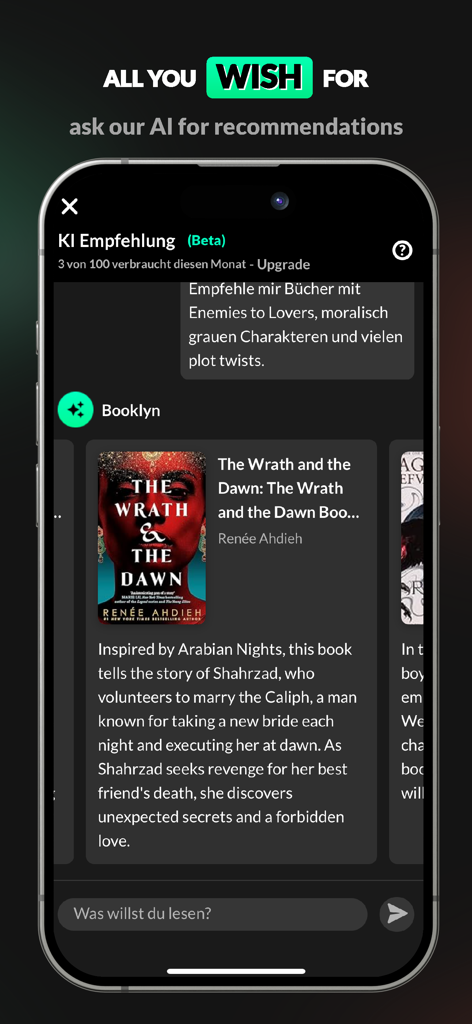 READO - All About Books - READO app Booklyn AI assistant chat interface providing personalized book recommendations based on user tropes.
