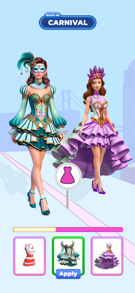 Fashion Battle: Catwalk Show - Dos modelos con elaborados vestidos de carnaval compitiendo en una batalla de moda de pasarela con interfaz de selección de atuendos