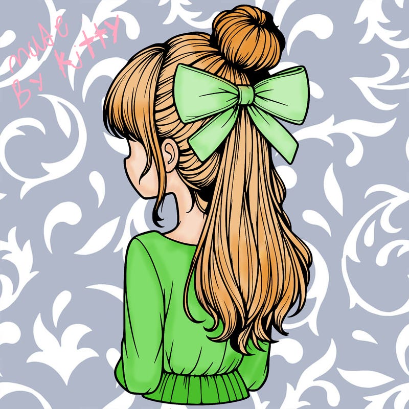 realistic girl  with hip length hair a bun and a big bow on the back of head