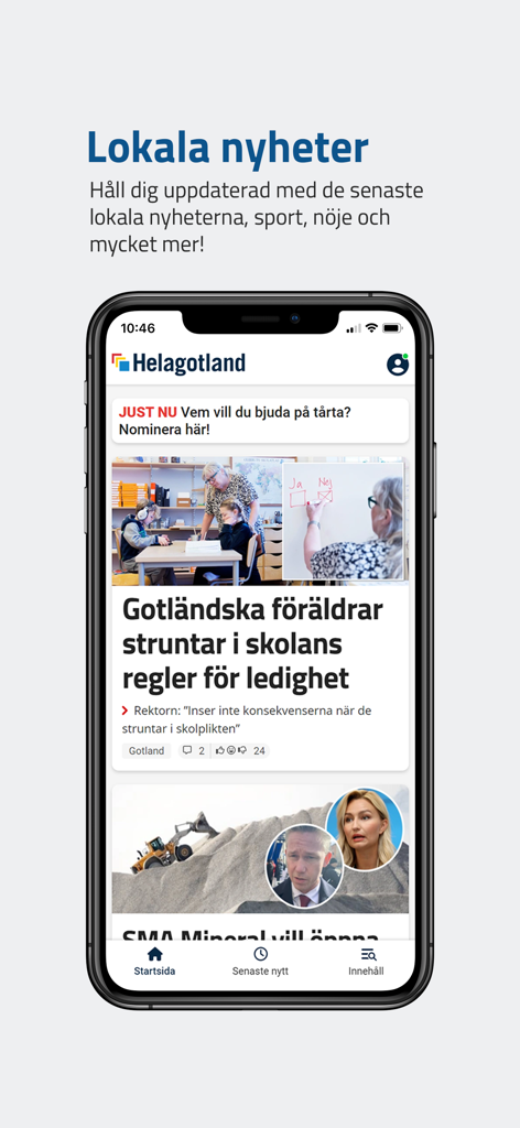 A smartphone displaying the Helagotland news app interface with local news articles in Swedish.