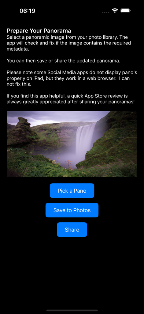 Interfaz de la aplicación Exif Panoramic Fixer Pro con una imagen panorámica de una cascada y botones para seleccionar, guardar y compartir fotos