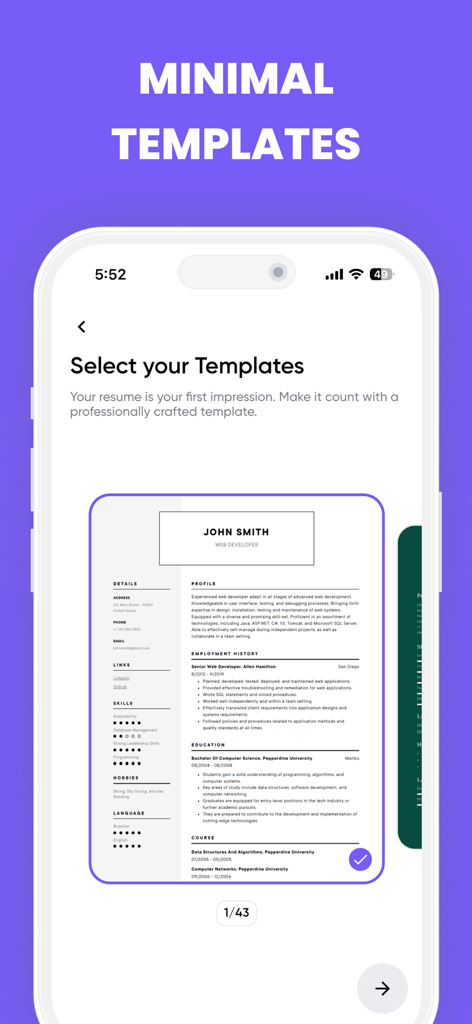 Resume io - A mobile app screen from Resume io showing professional minimalist resume templates for job seekers.