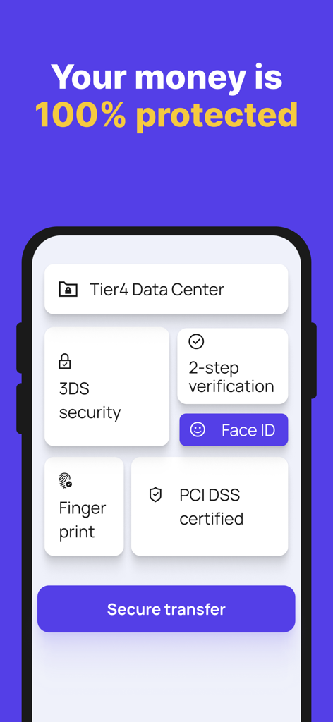 Profee: Money Transfer Online - Profee app security features including Face ID fingerprint and PCI DSS certification