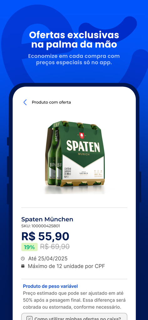 App Clube Condor - Screenshot of the Clube Condor app showing an exclusive product discount for a pack of beer
