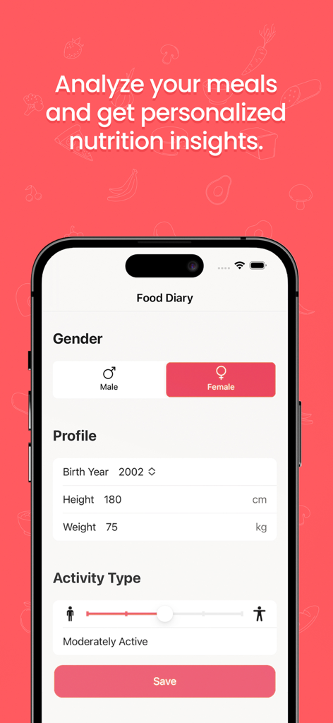 Food Diary - Nutrition Tracker - User profile setup screen in the Food Diary nutrition tracker app showing fields for gender height weight and activity level.