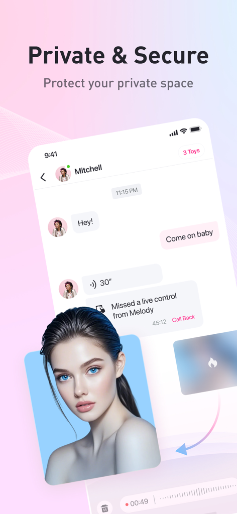 Lovense Remote app private and secure chat interface showing disappearing media and messaging
