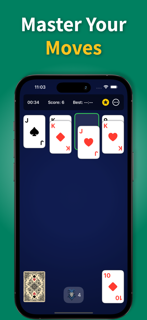 A mobile screenshot of Aces Up Solitaire showing strategic card gameplay with large easy-to-read cards on a clean blue background.