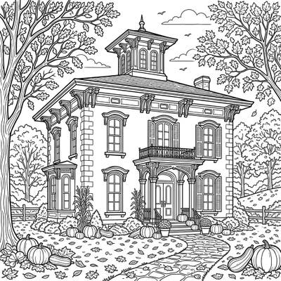 Capture the essence of autumn with this stunning Italianate mansion coloring page, intricately designed for a delightful fall coloring experience. Discover a grand architectural beauty surrounded by pumpkins, gourds, and a carpet of fallen leaves, ready for your creative touch.