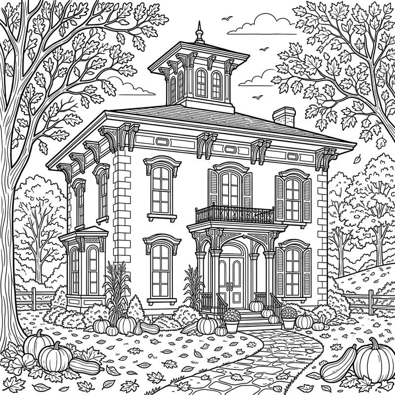 Capture the essence of autumn with this stunning Italianate mansion coloring page, intricately designed for a delightful fall coloring experience. Discover a grand architectural beauty surrounded by pumpkins, gourds, and a carpet of fallen leaves, ready for your creative touch.