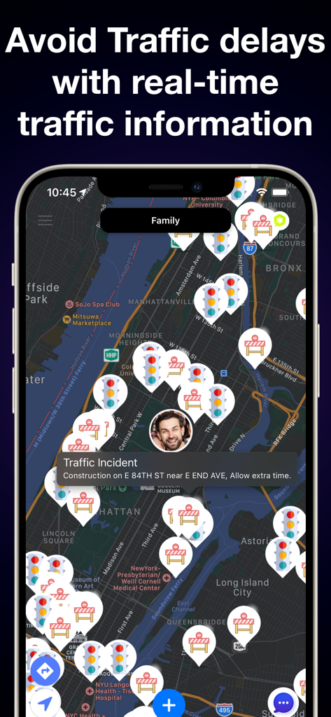 Informações de tráfego em tempo real e alertas de incidentes no mapa do aplicativo de navegação Safe.