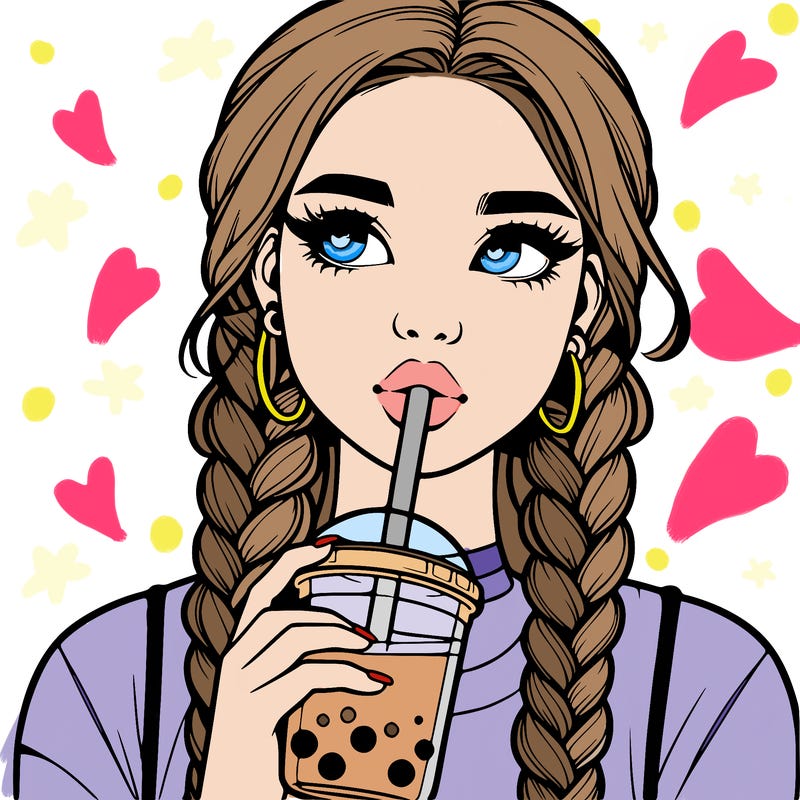 realistic girl with braided hair drinking boba