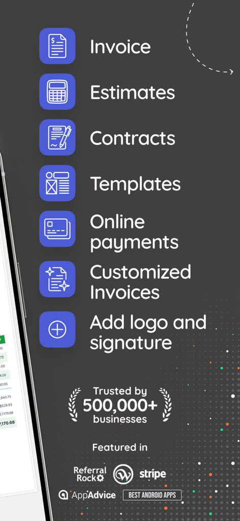 Invoice Simple: Invoice Maker - List of Invoice Simple app features including estimates contracts and online payments trusted by five hundred thousand businesses