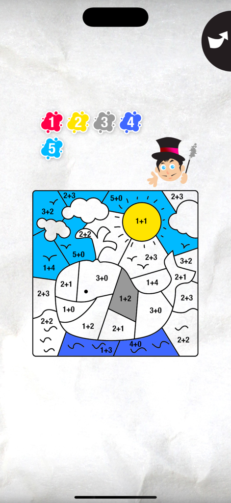 Magic Coloring - Un juego educativo de matemáticas y colorear para niños con un dibujo de ballena donde cada sección se colorea en función de los resultados de sumas sencillas
