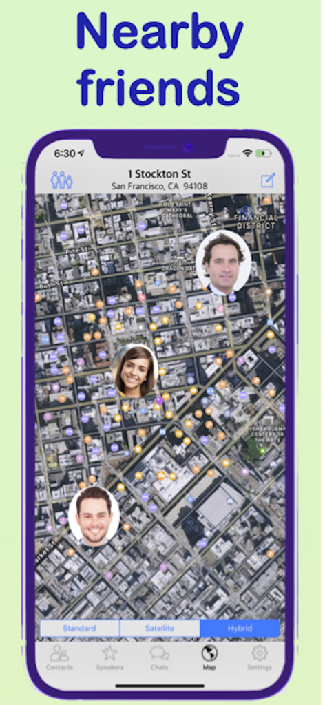 A smartphone showing the SpeakApp interface with family members locations displayed on a real time hybrid map of San Francisco