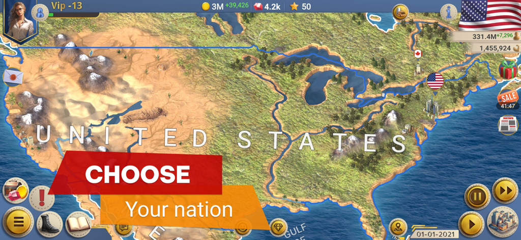 A map of the United States in the MA 2 President Simulator mobile game interface with the text Choose Your Nation